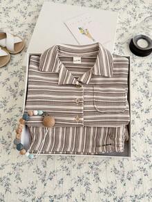 Set de 2 piezas de camisa de rayas casuales + pantalones cortos para niños pequeños, verano - Albaricoque - Ver 9