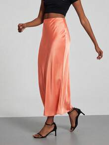 Women's Fashion All-Season Satin Elastic Waist Maxi Skirt Spring - Light Orange - View 4