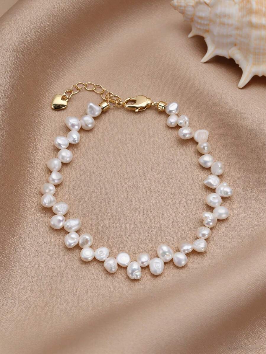1pc 18K Gold Plated Natural Pearl Asymmetrical Teardrop Anklet, Mother's Day, Valentine's Day, Birthday, Wedding, Engagement, Bridal Gift - White - View 1