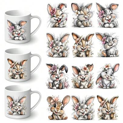 Conjunto de 12 adesivos de transferência UV com tema de Páscoa e coelhinhos florais | Adesivos plásticos autoadesivos para artesanato, canecas, laptops e garrafas de água, impressões de alta qualidade, duráveis, cor cinza, formato retangular