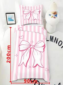 两件套粉色条纹蝴蝶结3D印花卡通儿童床上用品套装，男女童均适用，可作为礼物，适用于儿童房和学生宿舍。被套尺寸：90 x 200/135 x 200厘米，枕套尺寸：50 x 75厘米，100%涤纶（1个单面印花枕套 + 1个双面印花被套，不含被芯）。 - 彩色 - 查看 7