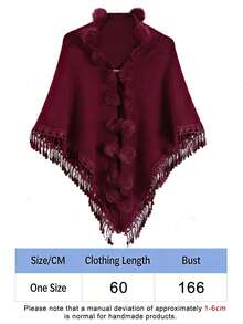 （不含别针）1件装女士春夏仿兔毛绒球蕾丝三角披肩，轻盈透气针织斗篷披肩，通勤百搭，理想的情人节礼物 - 紅色 - 查看 4