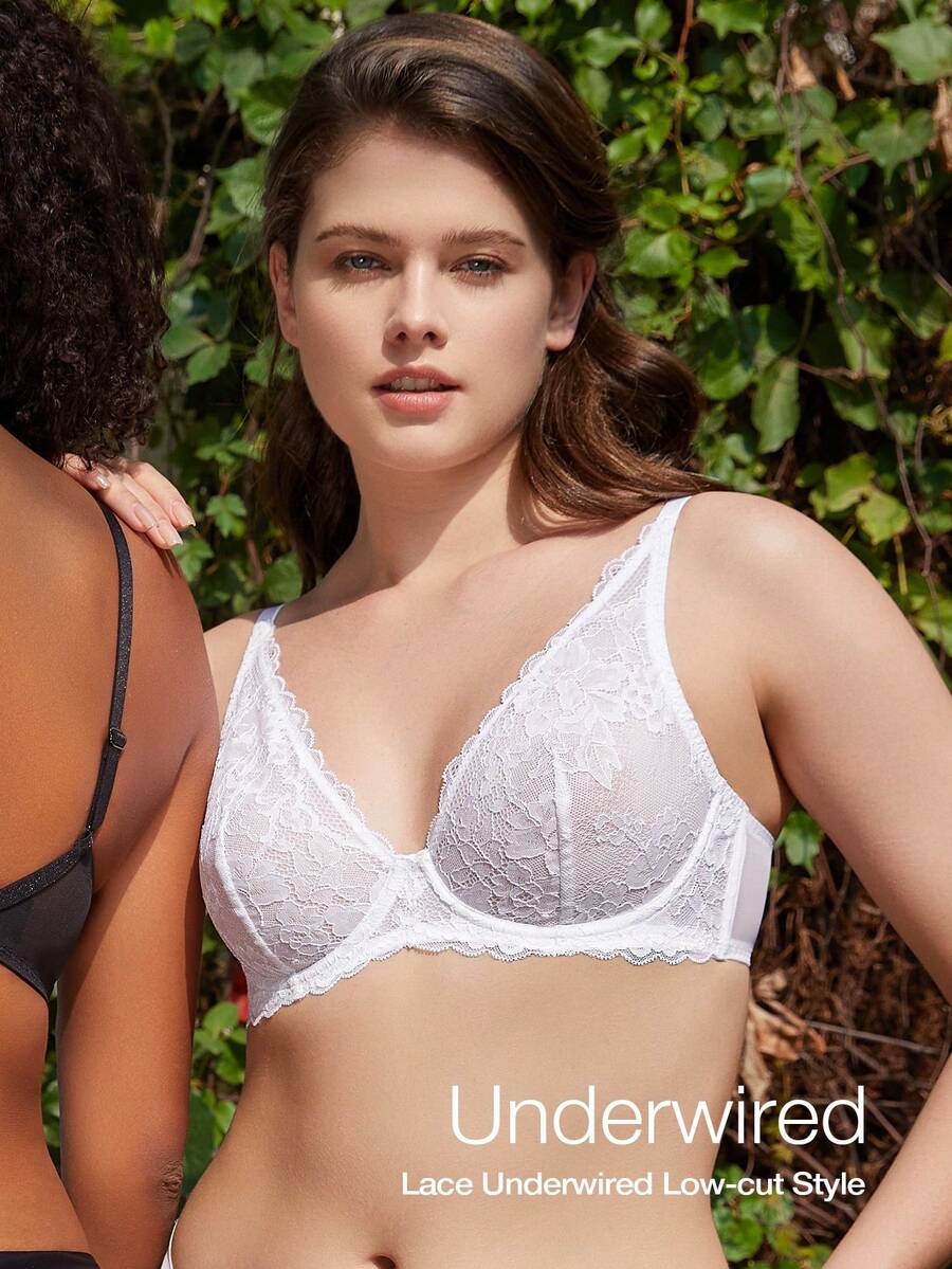 WINGSLOVE 花卉蕾丝钢圈深V领性感内衣文胸 - 可调节肩带、支撑罩杯和透视网纱设计，专为女性打造