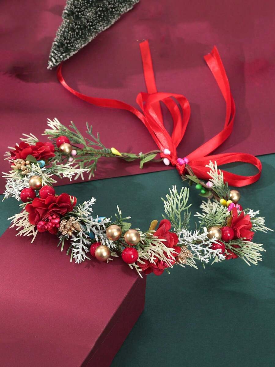 1pc Faux Flower Headband, Wedding Party Bridal Hair Accessory, Daily/Travel/Photo Prop - Red - View 1