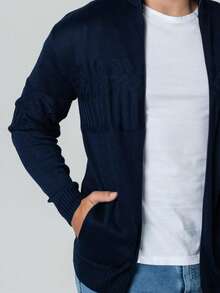 Men's Knitted Cardigan With Zipper And Pocket, Winter Sweater - 藏蓝色 - 查看 3