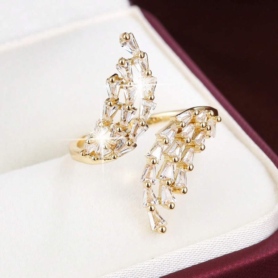 1枚不对称麦穗造型立方氧化锆镶嵌可调节时尚戒指，女士款 - 彩色 - 查看 1