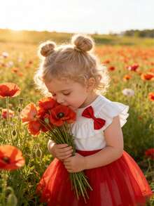 1-3 Years Old Girls' Spring/Summer New Red & White Ruffle Collar Bow Mesh Dress, Sleeveless Sweet Princess Dress - Red - View 2