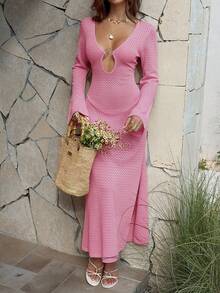Women's Sexy Long Sleeve Knit Maxi Dress, Spring/Summer Beach Vacation Solid Color Crochet Long Sweater Dress, Bohemian Style Casual Elegant Deep V-Neck Sweater Dress - Pink - View 8