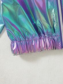 Girls' Casual Zip-Up Short Dropped Shoulder Long Sleeve Jacket, Solid Color, Spring/Autumn - Purple - View 7