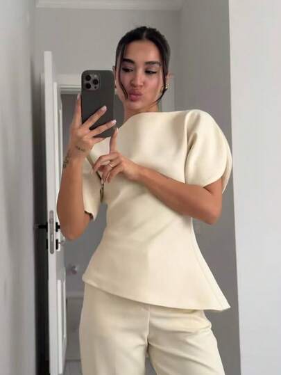 HH Blusa de mujer con mangas de pétalo y cintura ceñida, nueva blusa de cuello redondo de manga corta de unicolor ajustada para fiesta, ropa de mujer asimétrica de verano