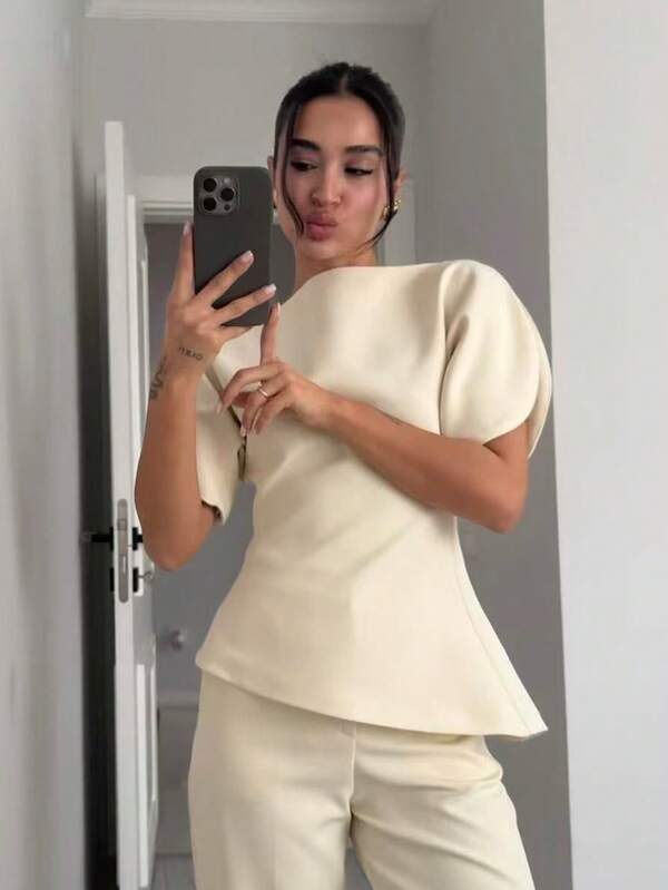 HH Blusa de mujer con mangas de pétalo y cintura ceñida, nueva blusa de cuello redondo de manga corta de unicolor ajustada para fiesta, ropa de mujer asimétrica de verano