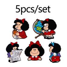 5pcs/Set Cute Curly-Haired Girls Enamel Pins Cartoon Figure Brooch Lapel Pin Badge On Backpack Clothing Accessories Fashion Jewelry Gifts - Black - View 14