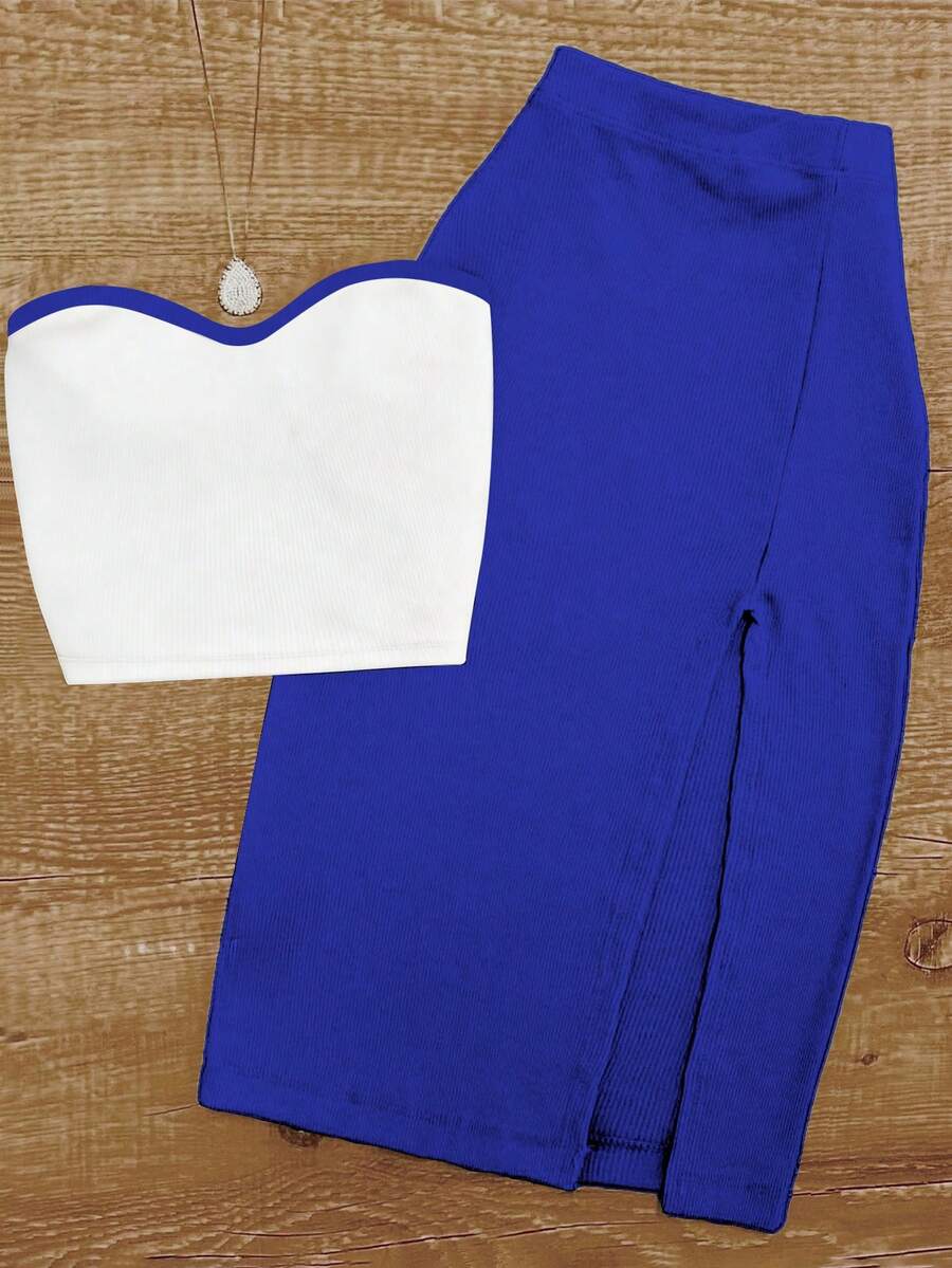 UREREM Summer Sexy Fitted Open Shoulder Strapless Top Paired With Bodycon Skirt Set, Knit Fabric 180G Elegant - Royal Blue Clashes With White - View 1