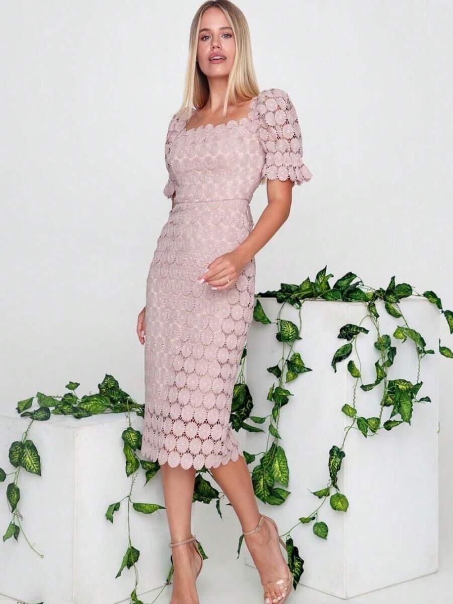 2026 New Fashion Lace Temperament Commuter Skirt Pink Mid-Waist Solid Color Chest-Wrapped Mid-Length Dress - 粉色 - 查看 1