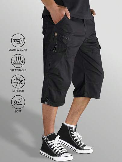 KEFITEVD Mens 3/4 Length Cargo Work Pants Cotton Twill Outdoor Hiking Shorts Ripstop Pants