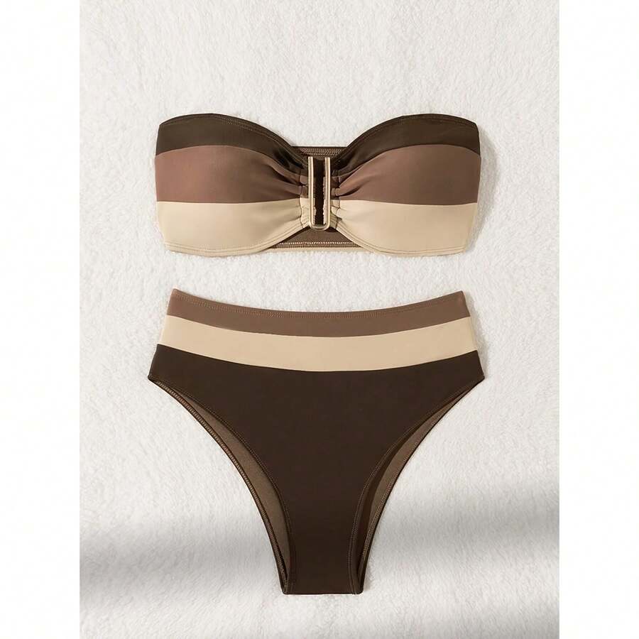 Bikini Set For Women Color Block High Waisted - Two Piece Swimsuit With Buckle Detail, Adjustable Straps, Removable Padded Bra, Cute Summer Beach Swimwear - Multicolor 287 - View 1