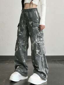 Cargo Pants For Women High Waisted Hiking Pants Baggy Stretchy Wide Leg Pant Y2K Streetwear With Pockets - 黑與白 - 查看 1