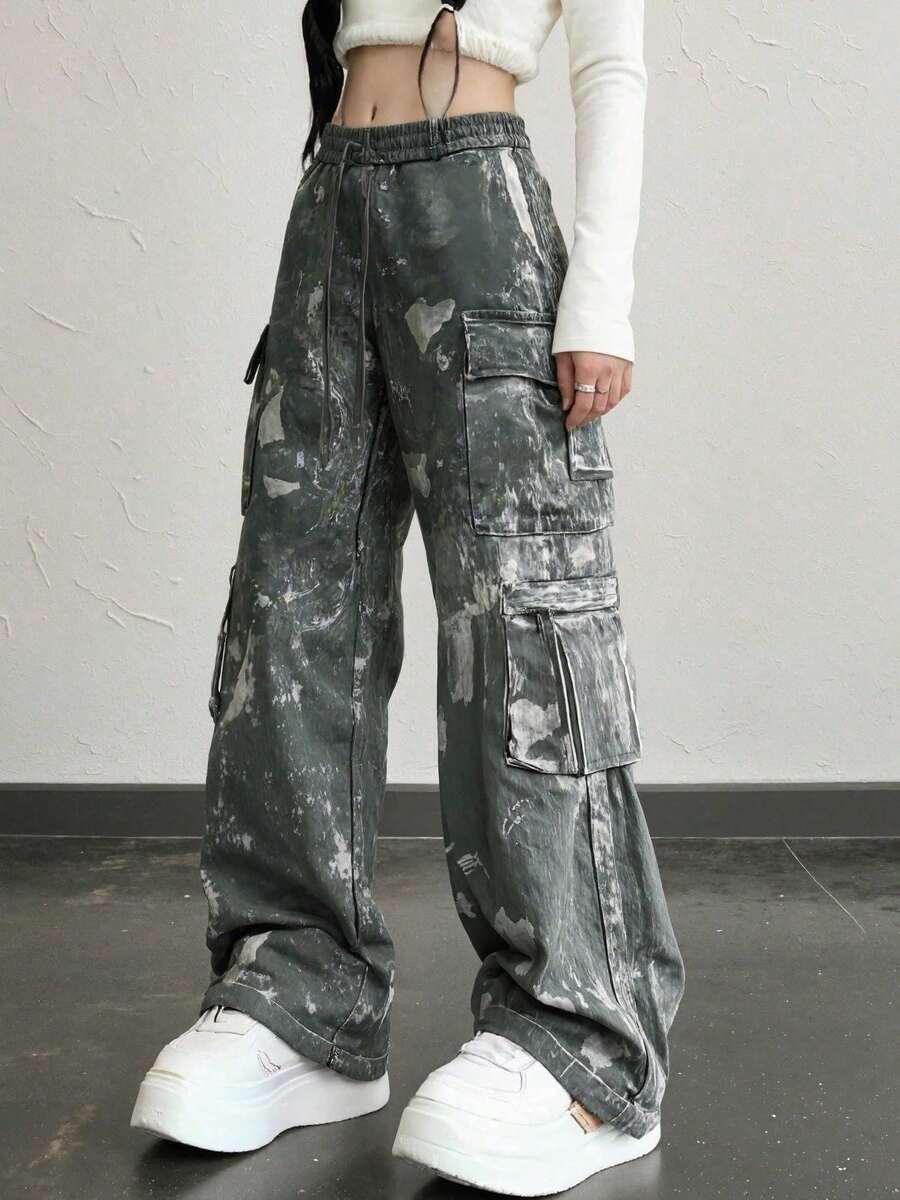 Cargo Pants For Women High Waisted Hiking Pants Baggy Stretchy Wide Leg Pant Y2K Streetwear With Pockets - 黑與白 - 查看 1