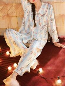 2pcs Disney Marie Cat Print Cotton Long Sleeve Pajama Set For Women, Spring/Autumn - Baby Blue - View 4