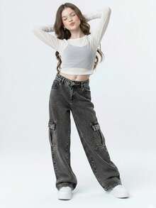 Cargo Wide Leg Jeans For Girls, Charcoal Graphite Marbled Black With Pocket, Chic, Stylish, Streetwear, Tumblr - 黑色 - 查看 3