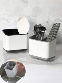 1个灰白极简餐具沥水盒，防潮沥水盒，塑料材质，带沥水托盘，保持餐具干燥，适用于筷子、勺子、叉子，现代白色设计，透明盖，厨房收纳方案 | 现代厨房用品 | 塑料结构，多功能餐具筷架，可壁挂或独立放置，沥水架，刀叉勺筷子放置处，多隔层餐具碗碟盒，免钻孔餐具浴室收纳盒，厨房用品 - 彩色 - 查看 9