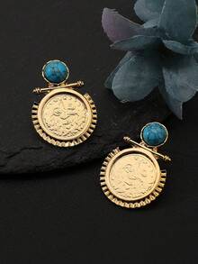1 对金币耳环，阿拉伯畅销幸运图腾女士绿松石耳钉 - 彩色 - 查看 6