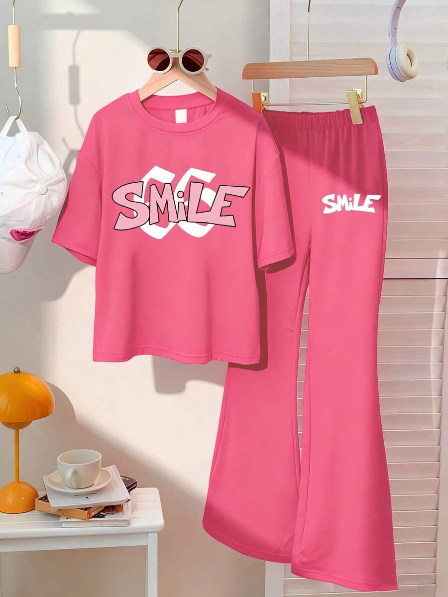 2pcs/Set Teens Summer Top & Shorts, Loose Short Sleeve T-Shirt Set, Casual Minimalist Style Suitable For School, Sports, Outdoor, Summer - Hot Pink - View 1