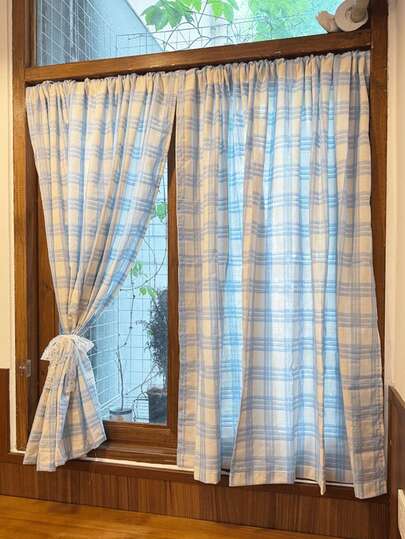 1pc French Country Style Gingham Curtain, Minimalist Decorative Partition Curtain, Bedroom Ins Style Korean Chic Fresh Doorway Curtain, Suitable For Daily Decor And Holidays