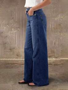 新款时尚女式直筒牛仔裤，舒适弹力，高品质，时尚休闲装 - 深色水洗藍 - 查看 4