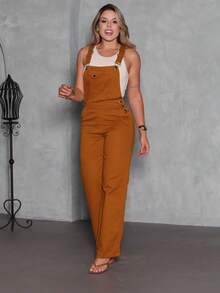 Women's High-Waisted Denim Jumpsuit, Straight Leg, Twill Fabric - Lạc đà - Xem 8