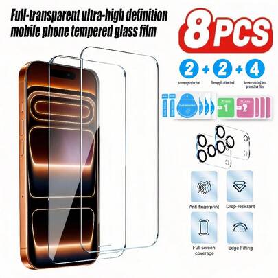 8 IN 1 (2 Mobile Phone Films + 2 Lens Films + 4 Sets Of Film Application Tools)Full Transparent High-Definition Tempered Glass Screen Protector For Mobile Phones For IPhone 11 11 Pro 11 Pro Max 12 12pro 12pro Max 12mini 13 13 Pro 13 Pro Max 13 Mini 14 14 Pro 14 Pro Max 14 Plus 15 15 Pro 15 Pro Max 15 Plus 16 16 Pro Max 16 Pro 16 Plus 17 17Pro 17 Pro Max 17 Air Fully Transparent And High-Definition, Anti-Fingerprint, Precise Fit, Sensitive Touch. Easy To Apply Without Bubbles