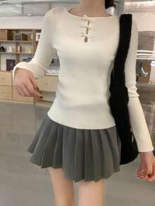 Crew Neck Hollow Bowknot Design Fleece Knit Sweater - Apricot - View 6