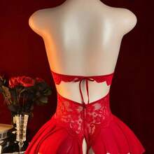 2026  Ladies' Lace Patchwork Autumn Clothing, Matching Lace Brown Adjustable Shoulder Strap Strapless Artificial Silk Women's Pajama Set - Đỏ - Xem 6