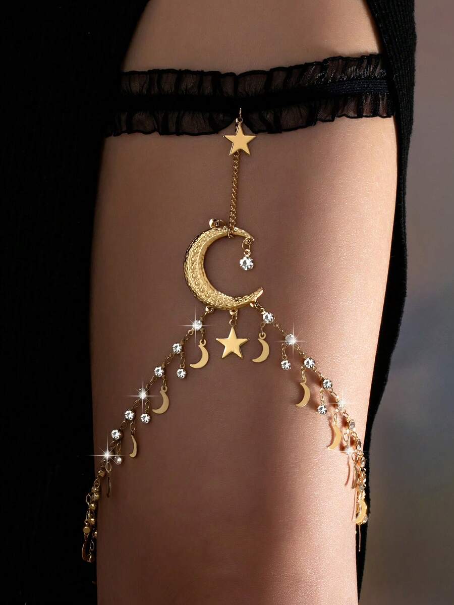 1 pieza Cadena de pierna con colgante exagerado de estrella y luna de strass sexy, adecuada para la playa, fiestas, banquetes y uso diario - Dorado - Ver 1