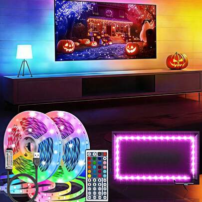 适用于家居装饰的LED灯带，可通过44键红外遥控器控制亮度及颜色变化。支持DIY模式。适用于电视背光、酒吧、客厅、万圣节派对、房间装饰、婚礼布置、卧室、起居室、家居装饰、派对照明及圣诞礼物。