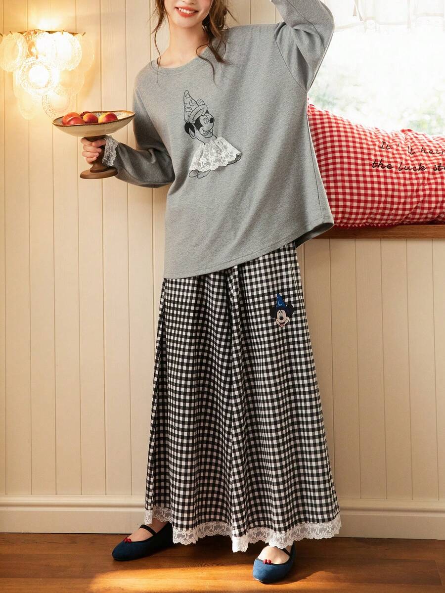 2pcs Disney Magic Mickey Mouse Cotton Plaid Long Sleeve Pajama Set For Women, Spring/Autumn - Grey - View 1
