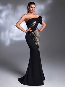 黑色和金色羽毛图案亮片刺绣单肩扭褶缎面交叉系带露背修身鱼尾裙摆性感优雅轻奢高端晚礼服 - 黑色 - 查看 4