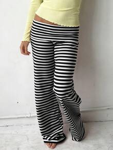 Women Y2k Striped Fold Over Pants Low Rise Yoga Pants Lounge Bottoms Color Block Wide Leg Flare Leggings Sweatpants - 黑與白 - 查看 4