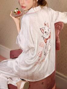 2pcs Disney Marie Cat Print Cotton Long Sleeve Pajama Set For Women, Spring & Autumn - White - View 3