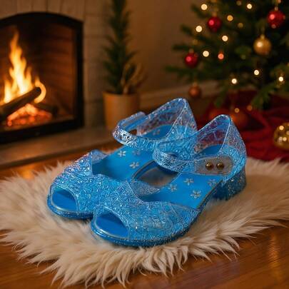 Princess Jelly Flats - Bright Blue Crystal Sandals, Breathable Rubber Heel, Square Toe Design, Suitable For Birthday Parties And Daily Wear, Casual Shoes | Crystal Decorated Shoes | Lightweight Footwear