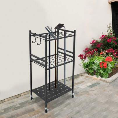 DONSU Rollbarer Gartenwerkzeug-Organizer mit 35 Steckplätzen, Aufbewahrungsständer aus Eisen mit Ablaufschale, 4 Lenkrollen mit Bremsen, ergonomischem Griff und 3 Haken für die Organisation im Garagenschuppen