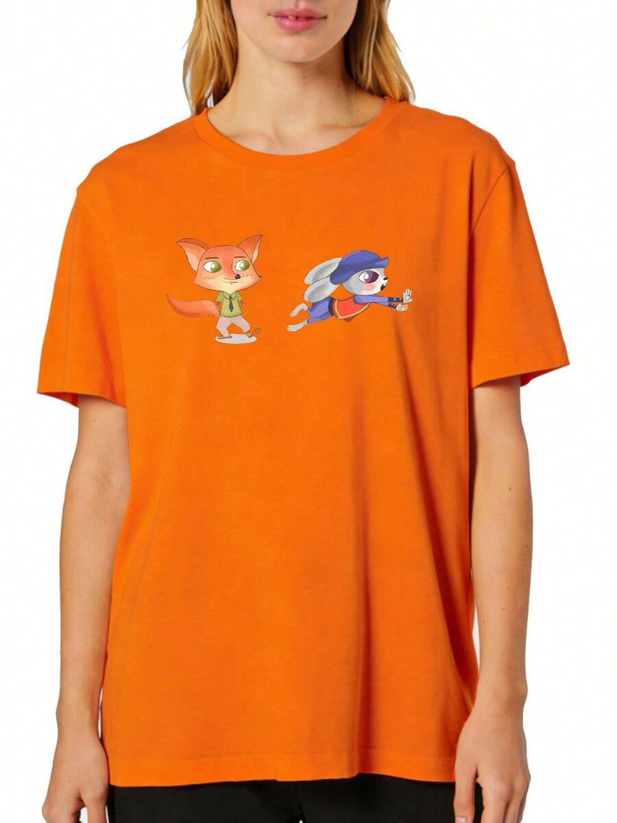 Plus Size Women'S  Breathable Casual Judy Hopps Nick Wilde Cartoon Design Print Short Sleeve Crewneck, Summer Basic Tees Going Out Tops, Casual Loose Fit Blouse, Summer Vacation - 橘色 - 查看 1