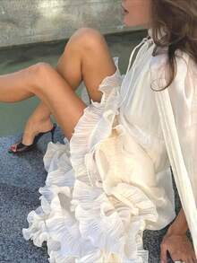 Spring Outfit Women Flowy Shawl Maxi Dress Women Sheer Tulle Cape Irregular Ruffle Hem Skirt - trắng - Xem 4