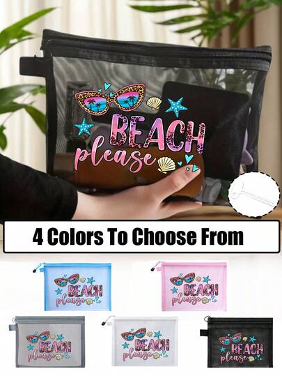 1pc Transparent Mesh Cosmetic Bag, Printed With "Beach Please" Summer Theme And Beach-Inspired Prints, Travel Storage Bag, Mesh Toiletry Bag, Travel Essential, Portable Zippered Travel Wash Bag, Large Capacity, With Chain Strap, Suitable For Beach, Vacation, Dorms And Bathrooms, Back-To-School Gift, Ramadan, Eid, Valentine's Day, Mother's Day, Thanksgiving Gift, Women's Birthday Party Favor, Bridal Gift.