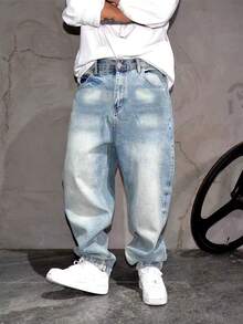 男士复古美式水洗浅蓝色宽松直筒牛仔裤 - 淺色水洗藍 - 查看 3