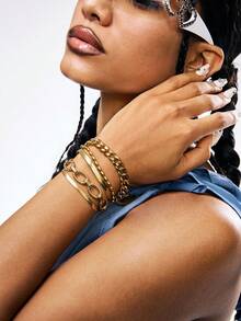 Kryxie 5pcs/Set Stainless Steel Multilayer Chain Bracelet Set For Women, Fashionable Minimalist Hip-Hop Style, Suitable For Music Festival Wear - Bracelet Set - View 2