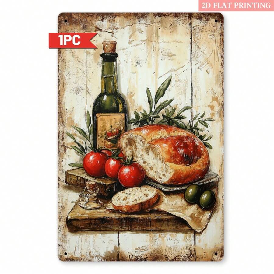 2D Flat Italian Metal Wall Decoration| 8x12inch Retro Bread, Tomato And Olive Oil Design, Suitable For Country Style Kitchen And Restaurant Decoration, Ideal Gift For Retro Enthusiasts - Multiple - View 1