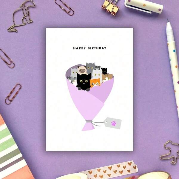 猫咪花束生日贺卡，趣味生日祝福，搞笑生日卡片，送给女朋友、男朋友、丈夫、妻子、她、他的生日礼物，送给好朋友的生日礼物