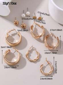 12pcs Elegant Metal Geometric C-Shape Faux Pearl Hoop Earrings Set, Fashionable Minimalist Jewelry For Daily Wear & Party - Gold - View 3