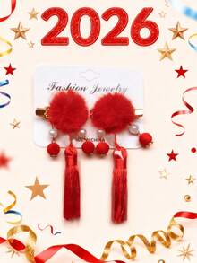 2pcs/Set Chinese New Year Red Floral Tassel Hair Clips, Girls Pearl Pendant Hair Pins, Festive Headpiece - Multicolor - View 13